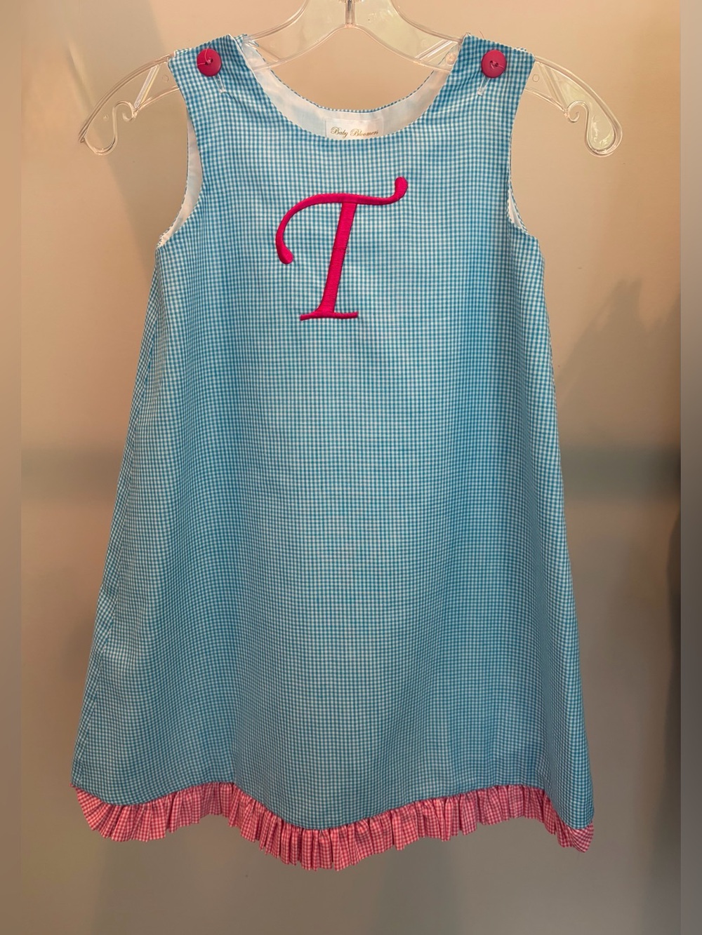 Girls Blue Gingham Monogrammed “T” Dress with Pink Gingham Trim